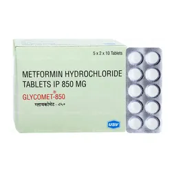 GLUCOPHAGE (Metformin, Glycoheal, Melmet, Cetapin) 500-1000 mg/tab, 60 tabs/pack - Glycomet (Metformin) 850 mg/tab, 60 tabs product thumbnail